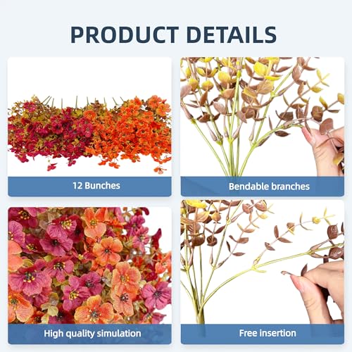 Artificial Flowers for Outdoors UV Resistant, 12 Bundles Realistic Faux Daisy with Eucalyptus Leaves Fake Plants for Porch Patio Planter Garden Decoration (Brown Orange) - color: Brown Orange