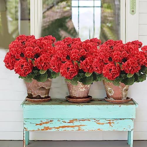 CISDUEO 4 Pcs Artificial Geranium Flowers for Outdoors Silk Geraniums Flowers Outdoor UV Resistant Red Fake Geranium Bush Faux Geraniums for Outdoor Planter Decor Indoor Garden Patio Table Centerpiece - color: Red