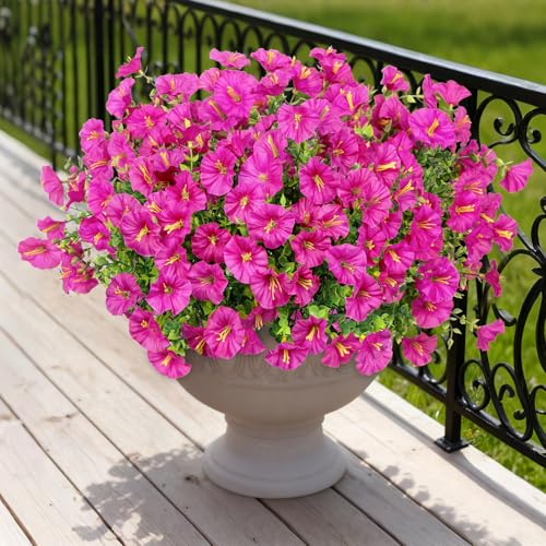 Bassion Artificial Flowers for Outdoors, 20 Bundles Silk Fake Flowers UV Resistant Realistic Morning Glory Faux Eucalyptus Plants for Outside Planters Porch Window Box Garden Indoor Decor - color: Fuchsia