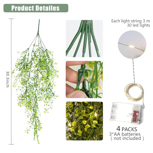 RECUTMS 4Pcs Artificial Hanging Ferns Plants with 30 Lights Fake Ivy Vine Faux Greenery Garland for Porch Fence Patio Yard Wedding Party Indoor Outdoor Decorations (Yellow) - color: Yellow-light