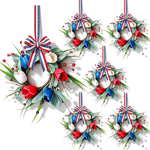 6 Pcs Patriotic Wreath Mini 4th of July Hanging Wreaths for Cabinets Artificial Red White Blue Tulip Berries Memorial Day Wreaths Pillar Candle Holder Wreath for Independence Day Porch Wall Decor - color: Patriotic-4