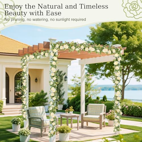 Lewondr Artificial Eucalyptus Garland with Flower - 8 Roses, 6FT Faux Floral Greenery Garlands Fake Flowers Vines, Maintenance-Free for Wedding Table Backdrop Party Centerpiece Room Decor, Champagne - color: Champagne Color, size: 1 Pack