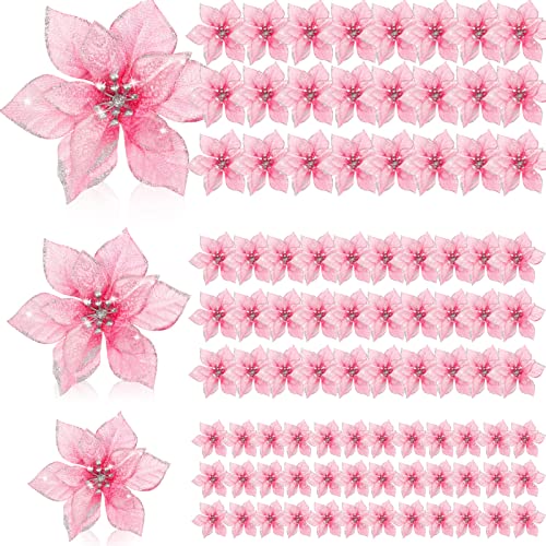 Geosar 100 Pcs 3 Size Christmas Poinsettia Flowers with Clips Glitter Artificial Flowers Small Christmas Tree Ornaments Faux for Xmas Party DIY Craft Wreath Garland New Year, 3/4/6 Inches(Pink) - color: Pink