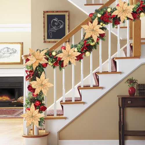Briful 6 Pack Gold Glitter Christmas Poinsettia Picks, 13.8'' Artificial Floral Stems with Gold Edges & Sparkle Beads, 9.8'' Blossom Holiday Flower Picks for Tree, Wreath, Table Centerpiece Decor - color: Orange#352, size: 12'' POINSETTIA / 6PCS