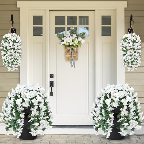 Sggvecsy Artificial Fake Hanging Flowers Plants for Outdoor Outside Spring Summer Decoration 2PCS Faux Silk UV Resistant Realistic Morning Glory Trailing Vines for Home Porch Patio Balcony(White) - color: White, size: 2Pcs