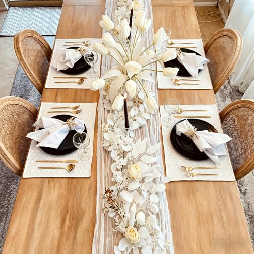 CQURE 2Pack Eucalyptus Garland,Artificial Eucalyptus Leaves Flowers Table Greenery Garland Wreath Vines for Wedding Party Fireplace Bedroom Room Decor - size: 17.7 Ft with Flowers -White