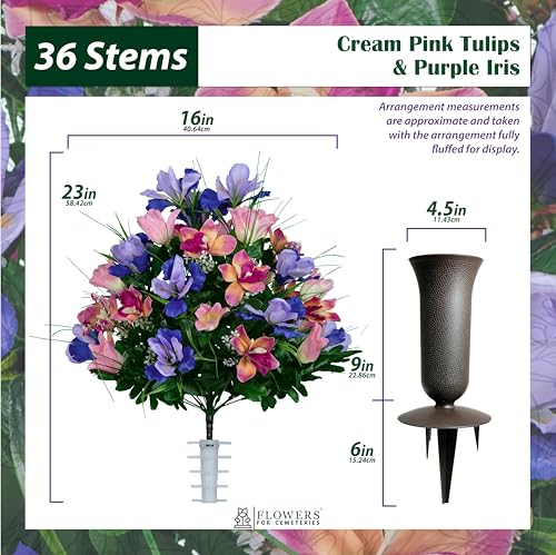Sympathy Silks Artificial Cemetery Flowers - Grave Decoration - Cream Pink Tulips and Purple Iris (1) Bouquet (1) Vase - color: Cream Pink, size: (1) Bouquet (1) Vase