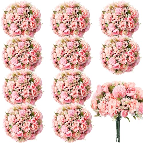 Tigeen Peonies Artificial Flowers Faux Roses Silk Flowers Hydrangea Artificial Bouquet for Wedding Table Centerpiece Floral Vase Home Office Bridal Decor(Pink,12 Bundles) - color: Pink