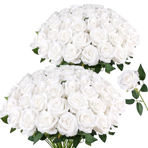 AmyHomie 48 PCS White Roses Velvet Realistic Artificial Flowers with Bendable Stems for Wedding Bouquets Baby Shower Party Home Decor Fake Flowers Gifts for Valentines, Mothers Day, Womens Day - color: White