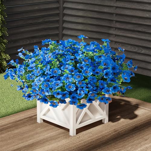 Artificial Outdoor Flowers 16 Bundles UV Resistant Fake Mums Flowers Plants for Decoration Indoor Outdoor Window Box Hanging Planter Home Porch Decor Plastic Faux Flowers (Blue) - color: Blue