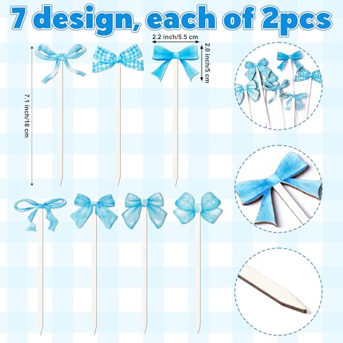 TICIAGA Blue Bow Wooden Pick - 14PCS Blue Bow Tie Double-sided Wooden Decorative Pick for Home Vase Filler Butterfly Knot Floral Wood Decorative Stick for Farmhouse Coquette Theme Decorations for Home - color: Blue Bow