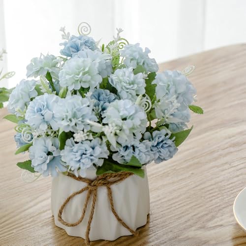 TKAS Fake Flowers Arrangement in Ceramic Vase, Artificial Faux Silk Hydrangea, Small Realistic Dried-Style Floral, Dining Table Centerpiece for Wedding Party Home Decoration (Blue) - color: Blue