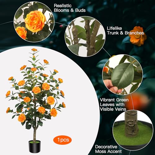 1Pack 47.24"/3.94FT Artificial Camellia Trees with 36 Orange Flowers in Cement Pots – Lifelike Fake Trees for Front Porch, Home, Indoor Outdoor Spring Decor, Office or Housewarming Gifts - color: Orange, size: 3ft 11in