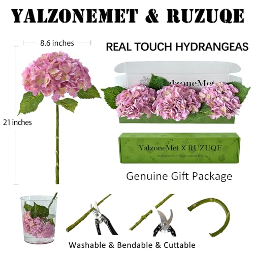 YalzoneMet 3 PCS Yellow/Pink Hydrangea Artificial Flowers 21'' Real Touch Faux Latex Hydrangea Flowers for Wedding Tables Centerpieces Baby Shower Pink Flower for Party Home Kitchen Decor - color: Pink