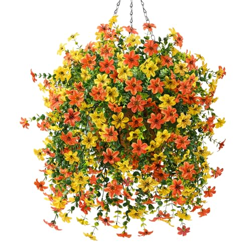 INQCMY Artificial Fake Hanging Flowers Plants Baskets for Outdoor Fall Decoration,Faux Silk Flower in Planter UV Resistant Look Real for Home Outside Porch Garden Yard Patio Decor - color: Orange Yellow