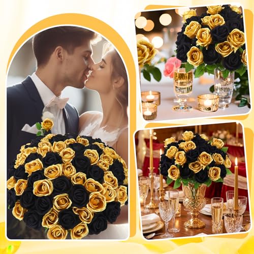 90 Pcs Gold, Black Velvet Rose Artificial Flowers with Long Stems, Fake Silk Roses Real Touch Fake Roses Florals for Birthday Wedding Bouquet Party Arrangement Decorations - color: Gold, Black