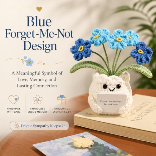 YOOJEE Handmade Crochet Forget Me Not Flower Pot Sympathy Gifts for Loss | Grief Support Gift, PET gift box, Meaningful Blue Forget Me Not Flower, Memorial Gift, Home & Desk Decor Gift Idea - color: E-Sympathy-Blue
