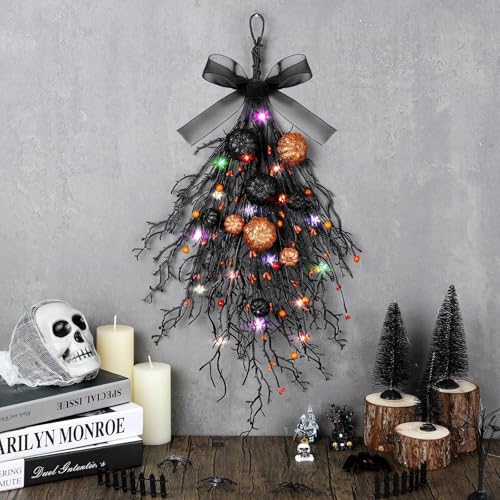 2 PCS Halloween Wreaths Halloween Floral Teardrop Swags Hanging Swag Plants Black Garland with Pumpkin Berries and 9.8ft Lights for Indoor Outdoor Party Wall Home Room Fireplace Porch Window Decor - color: Halloween Swags