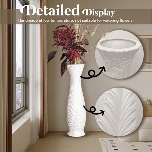 Tall White Floor Vase 30 Inches, Handmade Large Modern Ceramic Vases for Home Decor Living Room, Feather Pattern Decorative Vases Wide Mouth Opening Corner Vase for Pampas Grass - color: White Feather Pattern