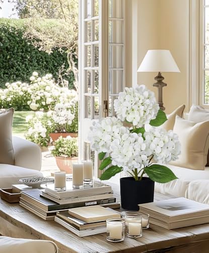 Hollyone White Hydrangea Artificial Flowers in Pots 19.7" Four-Head Faux Silk Hydranges Flower Arrangements for Indoor Home Office Kitchen Table Centerpieces Wedding Decorations - color: White, size: 4 Head Hydrangea