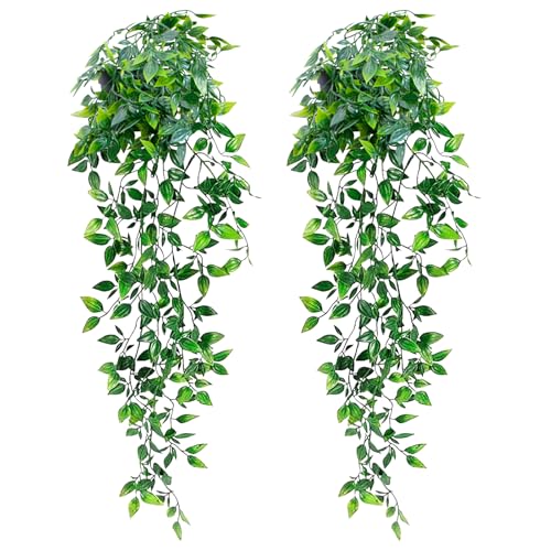 LOYWREE 2 Pack Artificial Hanging Mandala Plant with Pot Faux Plants Indoor Fake Small Potted Plant 28.7-in Long Faux Vine Shelf Decor Ideal for Indoor Outdoor Home Office Decoration (Black Pot) - color: Mandala, size: 2Pack