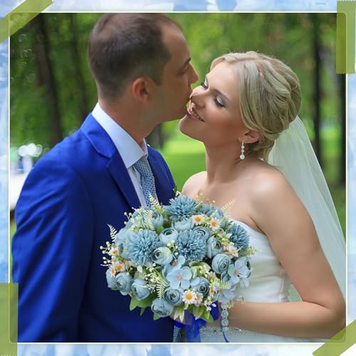 Tigeen Peonies Artificial Flowers Faux Roses Silk Flowers Hydrangea Artificial Bouquet for Wedding Table Centerpiece Floral Vase Home Office Bridal Decor(Mist Blue,12 Bundles) - color: Mist Blue