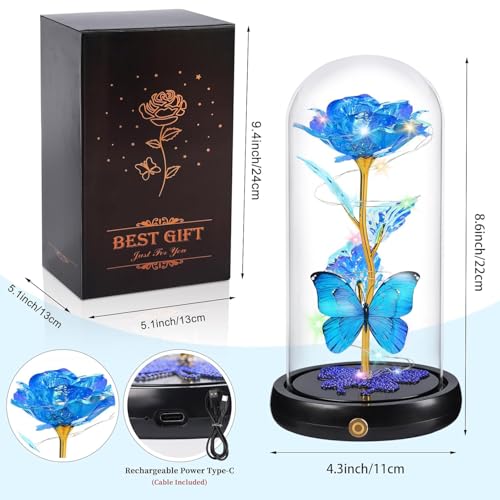 Gifts for Mom Birthday Gifts for Women Blue Rose Eternal Flower USB Light Up Rose in Glass Dome Anniversary Flowers for Delivery Prime Galaxy Crystal Flowers Gifts for Mom Women Wife Grandma - color: Usb-blue