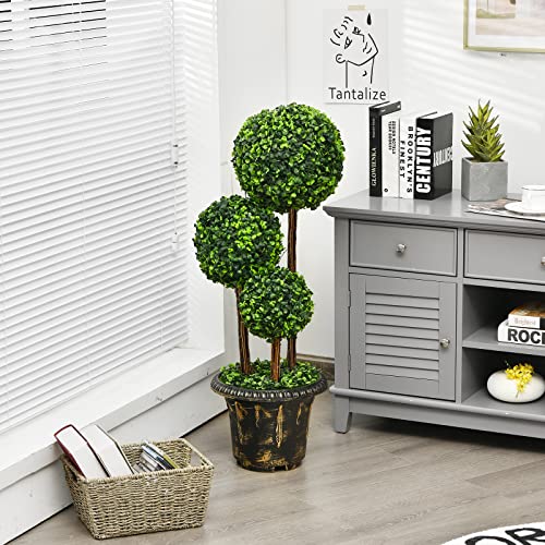 DREAMADE Artificial Boxwood Topiary Tree, 3ft Triple Ball Shaped Faux Topiary Tree w/Weighted Pot, Metal Frame, Fake Green Potted Plants Decoration for Indoor/Outdoor/Home/Office - size: 3ft