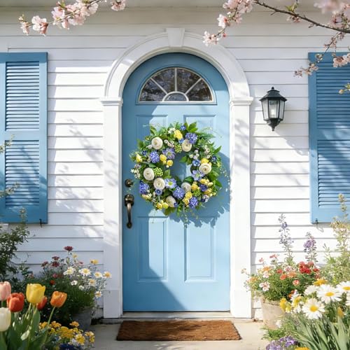 24 Inch Spring Wreath for Front Door, Artificial Hydrangea, Anemone & Wild Daisy Flowers with Berry Accents, Spring and Summer Door Wreath for Indoor Outdoor Decor