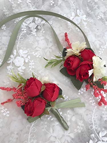 Rose Wedding Wrist Corsage and Boutonniere Set Party Prom Hand Ribbon Flower Suit Decor (Red) - color: Red