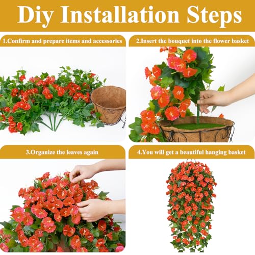 Waipfaru Artificial Fall Hanging Flowers Plants Baskets for Outdoors, Fake Mums, Fall Porch Outdoor Decor, Faux Mums Artificial Flowers with Hanging Baskets for Urn Fillers