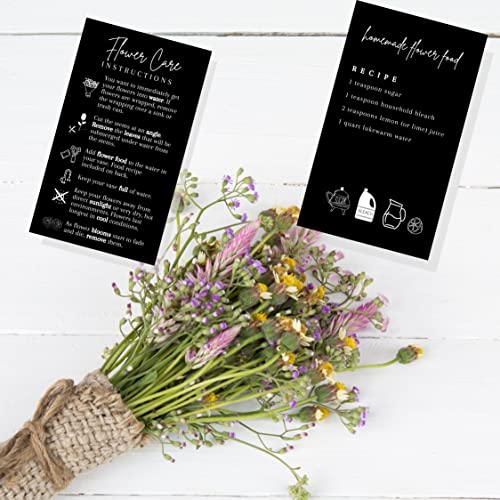 Fresh Flowers Care Instructions & Flower Food Recipe | 50 Pack | 2x3.5” in Business Card | Gardening Business Supplies | Florist Supplies | Black Card Design