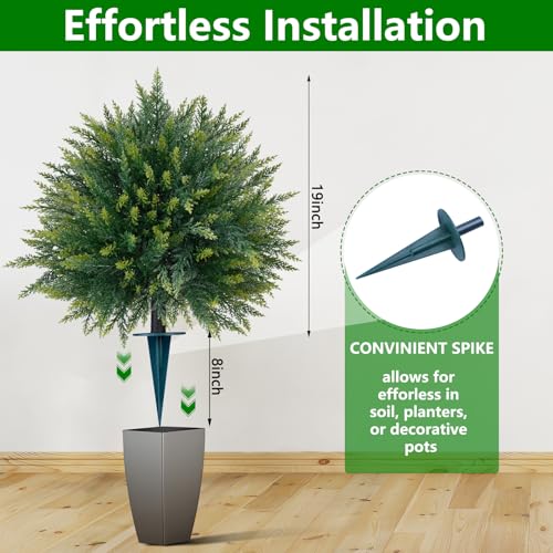 Yangrass 2PCS Artificial Cedar Topiary Ball Trees 26.5" for Outdoors with Ground Spike, UV Resistant Artificial Cypress Trees, Evergreen Shrubs Bushes Faux Plants for Front Porch Garden Backyard - color: Large Size Cedar