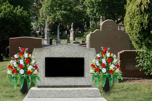 LVXINLI Artificial Cemetery Flowers, Gravesite Decoration Roses, Memorial Bouquets with Cemetery Vase, Vibrant and Long-Lasting Colors (Red + White, 2 Bundles) - color: Red + White