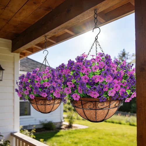 Artificial Fake Hanging Flowers Plants Basket Outdoors, Faux Silk UV Resistant Look Real Daisy Eucalyptus for Spring Summer Garden Porch Home Patio Balcony Yard Decorations, Double Purple - color: Double Purple