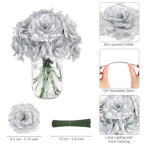 LELEE Artificial Rose Flowers Head with Stem - 108pcs Silver Artificial Flowers Rose Bulk - Silk Rose Fake Flower for Wedding Bouquet Party Home Decor DIY Baby Shower Centerpieces Tables Decoration - color: Silver