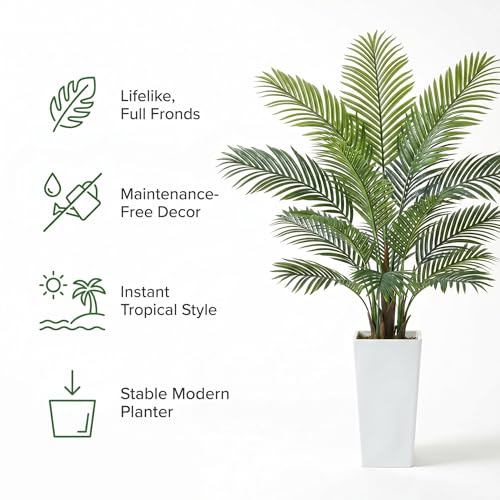 5FT Artificial Palm Tree in Tall White Planter, Realistic Faux Tropical Plant with UV-Resistant Leaves, Maintenance-Free Indoor Outdoor Palm Trees Floor Plant for Patio Home Office Porch Decor