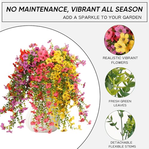 6 Bundles Artificial Flowers for Outdoors, UV Resistant Fake Hanging Flower, Realistic Silk Flowers for Indoor Outside Garden Patio Balcony Farmhouse Porch (Fuchsia, Red, Purple, Yellow) - color: 4 Multicolor