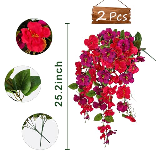 Artificial Fake Hanging Flowers Plants for Outdoor, Faux Silk Hibiscus Long Trailing Vines Realistic UV Resistant for Home Outside Front Porch Planter Patio Yard Decor (Red+Purple Red) - color: Red+purple Red