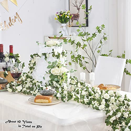 PONKING 8 Pcs x 8.2 ft Flower Garland Artificial Rose Vine Flowers with Green Leaves Hanging Fake Roses Vine for Room Party Home Wedding Birthday Christmas Wall Arch Decor, Spring White Flower - color: Spring-white-8pcs, size: 8 Vines 66FT
