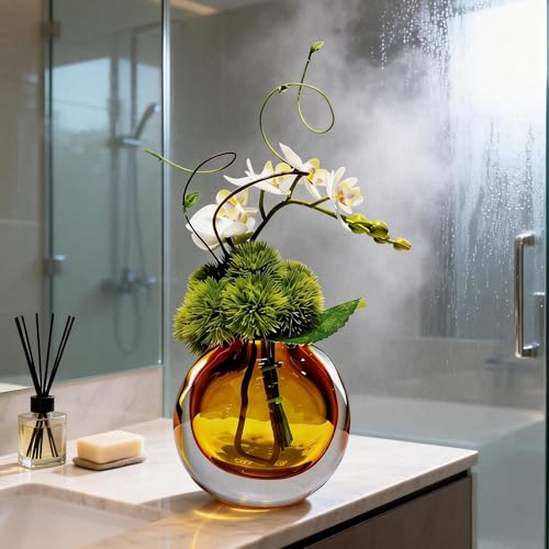 Artificial Orchids, White, in Translucent Bubble Glass Vase, Amber | Look Real, Realistic Appearance, Flower Arrangement - color: Amber