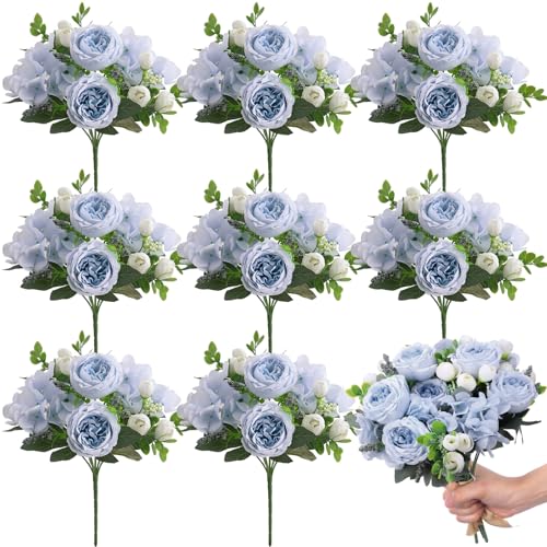 Yunsailing 8 Packs Artificial Peony Flowers Faux Silk Hydrangea Bouquet Vintage Wedding Home Table for Door Decor Reusable Bouquet of Rose Flowers for Valentine Wedding Birthday Party(Blue White) - color: Blue White, style: Hydrangea