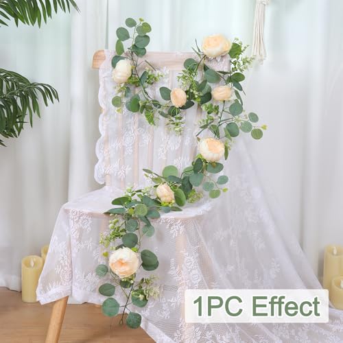 Artificial Flower Garlands Eucalyptus Garlands with Flowers Rose Peony Flower Vine Faux Floral Garland for Wedding Party Arch Table Wall Backdrop Decoration (Champagne, 4PCS) - color: Champagne, size: 4PCS