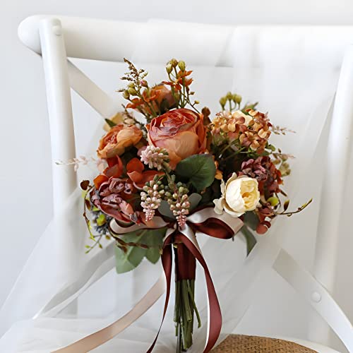 Artificial Wedding Bouquet for Brides Bridesmaid Holding Flower with Greenery Artificial Fabric Rose Wedding Flower Bridal Toss (Vintage Orange) - color: Vintage Orange