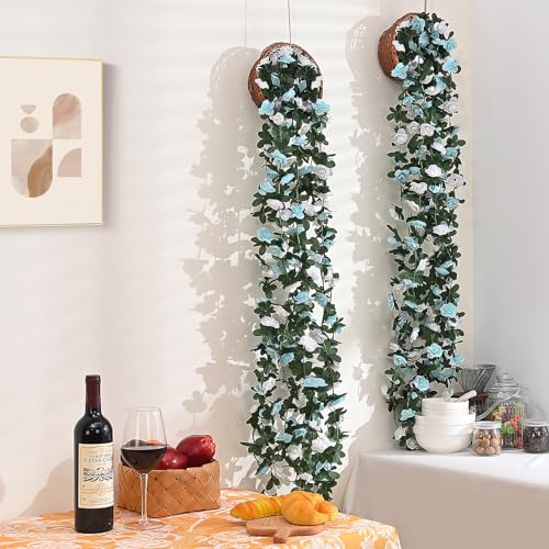 MARTINE MALL Flower Garland - 5 Strands 41Ft Rose Vines for Bedroom Decor, Blue and White Rose Floral Garland for Room Birthday Wedding Party Garden Wall Decor - color: Blue and White, size: 5 Packs