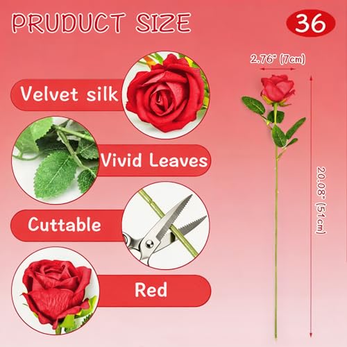 Rose Artificial Flowers Velvet Bouquet with Long Stem Real Touch Fake Roses Florals for Bridal Wedding Bouquet Party Arrangement Centerpiece Decorations (36, Red) - color: Red