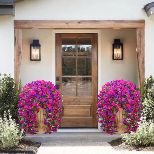 4PCS Artificial Hanging Flowers for Outdoor Hanging Plants Faux Morning Glory UV Resistant Silk Spring Summer Flower for Garden Porch Yard Patio Balcony (Double Purple) - color: Double Purple