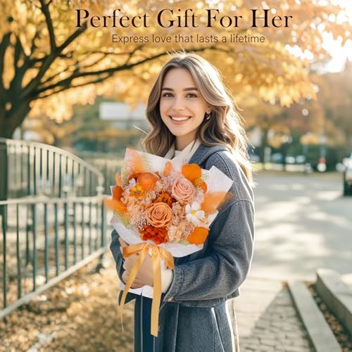 Preserved Flowers Bouquet - Forever Flowers for Delivery, Eternal Roses Bouquet That Last 3 Years, Mothers Day Gifts for Mom Grandma Wife, Anniversary Birthday Gifts for Women, Light Orange - color: Light Orange