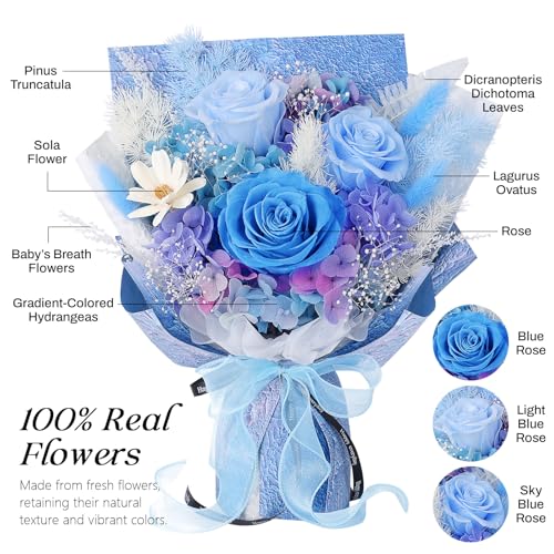 Preserved Flowers Bouquet 3 Roses - Blue Real Rose & Flowers for Delivery, Long-Lasting Flower with Gift Box, Eternal Roses Bouquet for Mothers, Mom, Wife Anniversary Birthday Gifts for Women and Men - color: Blue