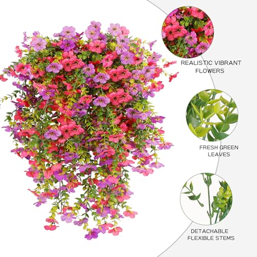 Artificial Hanging Flowers for Outdoor Decor, 6 Bundles UV Resistant Faux Silk Flowers, Fake Hanging Plants for Porch Patio Yard Planter Indoor Home Decoration(Purple, Fuchsia) - color: Purple&fuchsia